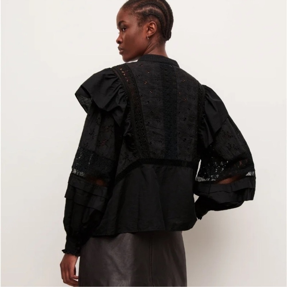 All Saints Black Eyelet Lace Peasant Blouse